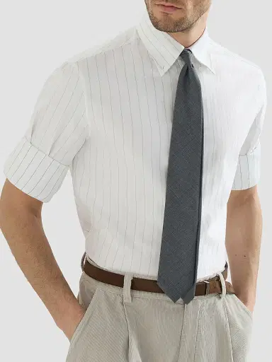 Brunello Cucinelli Men's Cotton Textured Striped Chevron Shirt with Button-Down Collar | Thumbnail 4 Brunello Cucinelli Men's Cotton Textured Striped Chevron Shirt with Button-Down Collar | Thumbnail 4