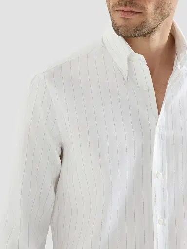 Brunello Cucinelli Men's Cotton Textured Striped Chevron Shirt with Button-Down Collar | Thumbnail 5 Brunello Cucinelli Men's Cotton Textured Striped Chevron Shirt with Button-Down Collar | Thumbnail 5