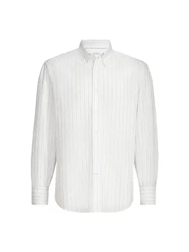 Brunello Cucinelli Men's Cotton Textured Striped Chevron Shirt with Button-Down Collar | Thumbnail 1 Brunello Cucinelli Men's Cotton Textured Striped Chevron Shirt with Button-Down Collar | Thumbnail 1