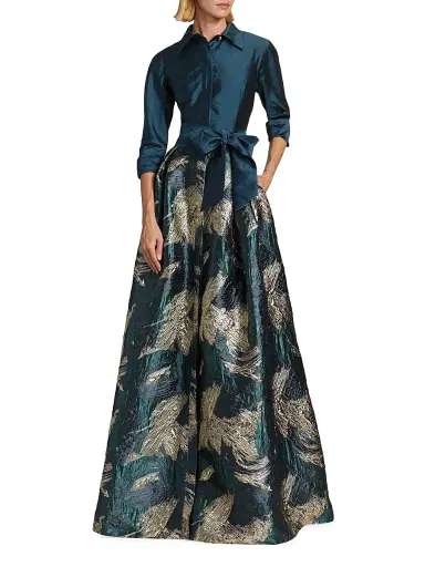 Teri Jon by Rickie Freeman Women's Abstract Jacquard Tie-Waist Gown | Thumbnail 2 Teri Jon by Rickie Freeman Women's Abstract Jacquard Tie-Waist Gown | Thumbnail 2