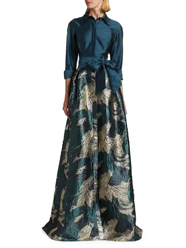 Teri Jon by Rickie Freeman Women's Abstract Jacquard Tie-Waist Gown | Thumbnail 3 Teri Jon by Rickie Freeman Women's Abstract Jacquard Tie-Waist Gown | Thumbnail 3