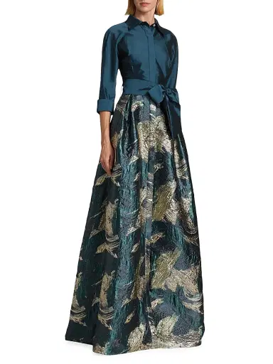 Teri Jon by Rickie Freeman Women's Abstract Jacquard Tie-Waist Gown | Thumbnail 4 Teri Jon by Rickie Freeman Women's Abstract Jacquard Tie-Waist Gown | Thumbnail 4
