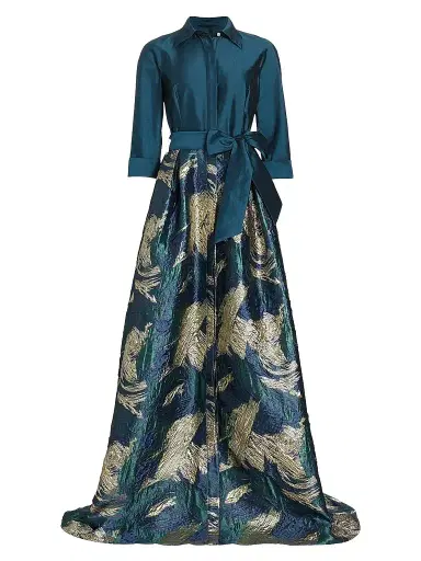 Teri Jon by Rickie Freeman Women's Abstract Jacquard Tie-Waist Gown | Thumbnail 1 Teri Jon by Rickie Freeman Women's Abstract Jacquard Tie-Waist Gown | Thumbnail 1