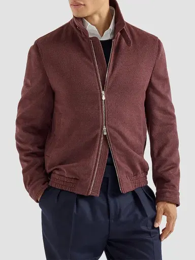 Brunello Cucinelli Men's Virgin Wool Beaver Cloth Bomber Jacket with Zipper | Thumbnail 3 Brunello Cucinelli Men's Virgin Wool Beaver Cloth Bomber Jacket with Zipper | Thumbnail 3