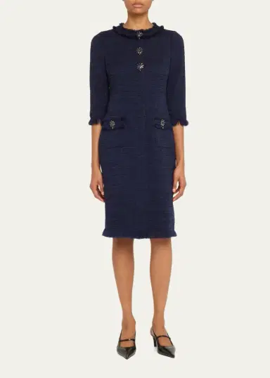 Rickie Freeman for Teri Jon Fringe-Trim Stretch Boucle Dress | Thumbnail 2 Rickie Freeman for Teri Jon Fringe-Trim Stretch Boucle Dress | Thumbnail 2