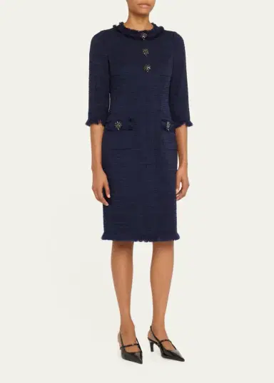 Rickie Freeman for Teri Jon Fringe-Trim Stretch Boucle Dress | Thumbnail 4 Rickie Freeman for Teri Jon Fringe-Trim Stretch Boucle Dress | Thumbnail 4