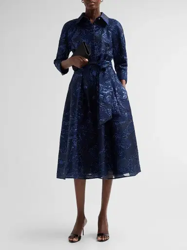 Teri Jon by Rickie Freeman Women's Metallic Jacquard Belted Midi Cocktail Shirtdress | Thumbnail 2 Teri Jon by Rickie Freeman Women's Metallic Jacquard Belted Midi Cocktail Shirtdress | Thumbnail 2