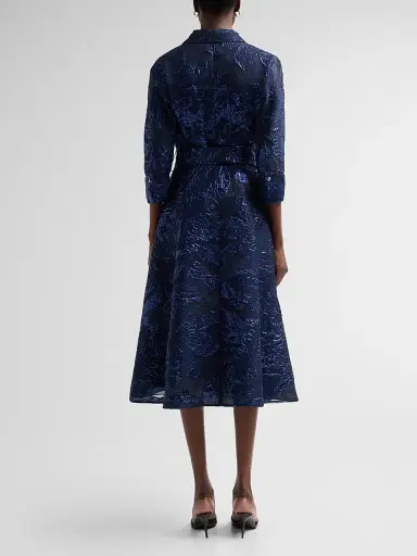 Teri Jon by Rickie Freeman Women's Metallic Jacquard Belted Midi Cocktail Shirtdress | Thumbnail 3 Teri Jon by Rickie Freeman Women's Metallic Jacquard Belted Midi Cocktail Shirtdress | Thumbnail 3