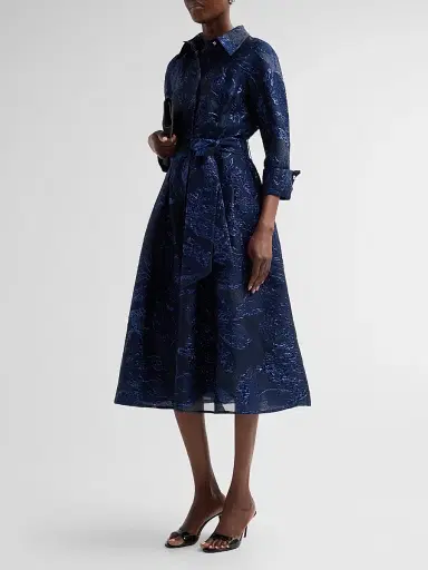 Teri Jon by Rickie Freeman Women's Metallic Jacquard Belted Midi Cocktail Shirtdress | Thumbnail 4 Teri Jon by Rickie Freeman Women's Metallic Jacquard Belted Midi Cocktail Shirtdress | Thumbnail 4