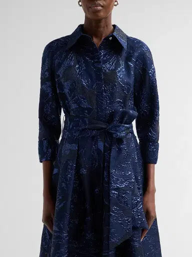 Teri Jon by Rickie Freeman Women's Metallic Jacquard Belted Midi Cocktail Shirtdress | Thumbnail 5 Teri Jon by Rickie Freeman Women's Metallic Jacquard Belted Midi Cocktail Shirtdress | Thumbnail 5