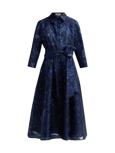Teri Jon by Rickie Freeman Women's Metallic Jacquard Belted Midi Cocktail Shirtdress | Thumbnail 1 Teri Jon by Rickie Freeman Women's Metallic Jacquard Belted Midi Cocktail Shirtdress | Thumbnail 1
