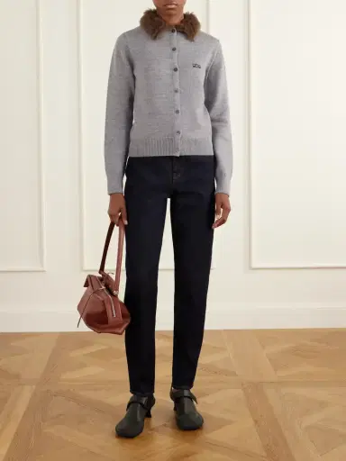 Loewe Plush-trimmed Logo-embroidered Wool Cardigan | Thumbnail 2 Loewe Plush-trimmed Logo-embroidered Wool Cardigan | Thumbnail 2