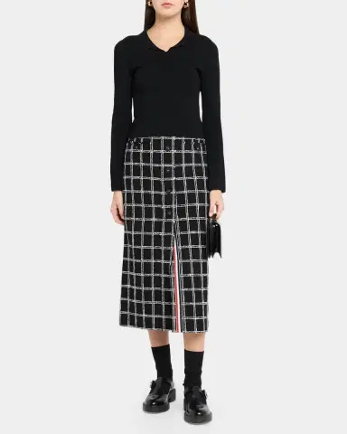 Thom Browne Windowpane Tweed Frayed Button-Front Midi Skirt | Thumbnail 2 Thom Browne Windowpane Tweed Frayed Button-Front Midi Skirt | Thumbnail 2