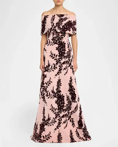Lela Rose Flocked Taffeta Off-The-Shoulder A-Line Gown | Thumbnail 2 Lela Rose Flocked Taffeta Off-The-Shoulder A-Line Gown | Thumbnail 2