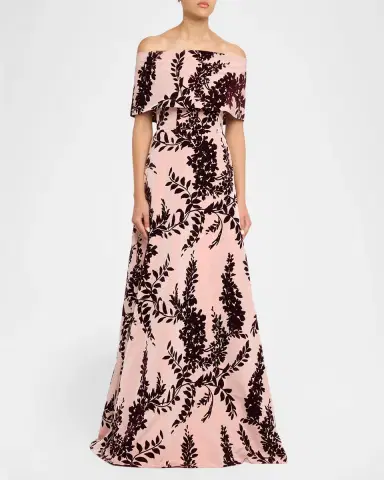 Lela Rose Flocked Taffeta Off-The-Shoulder A-Line Gown | Thumbnail 4 Lela Rose Flocked Taffeta Off-The-Shoulder A-Line Gown | Thumbnail 4