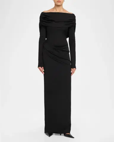 Lela Rose Off-The-Shoulder Satin Jersey Draped Backless Gown | Thumbnail 2 Lela Rose Off-The-Shoulder Satin Jersey Draped Backless Gown | Thumbnail 2
