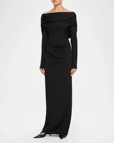 Lela Rose Off-The-Shoulder Satin Jersey Draped Backless Gown | Thumbnail 4 Lela Rose Off-The-Shoulder Satin Jersey Draped Backless Gown | Thumbnail 4