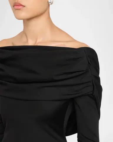Lela Rose Off-The-Shoulder Satin Jersey Draped Backless Gown | Thumbnail 5 Lela Rose Off-The-Shoulder Satin Jersey Draped Backless Gown | Thumbnail 5