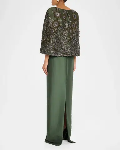 BADGLEY MISCHKA Floral-Embroidered Cape Column Gown | Thumbnail 3 BADGLEY MISCHKA Floral-Embroidered Cape Column Gown | Thumbnail 3