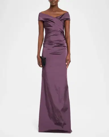 Rickie Freeman for Teri Jon Pleated Off-Shoulder Satin Column Gown | Thumbnail 2 Rickie Freeman for Teri Jon Pleated Off-Shoulder Satin Column Gown | Thumbnail 2