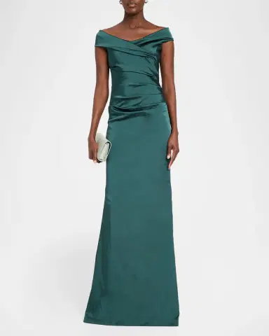 Rickie Freeman for Teri Jon Pleated Off-Shoulder Satin Column Gown | Thumbnail 2 Rickie Freeman for Teri Jon Pleated Off-Shoulder Satin Column Gown | Thumbnail 2