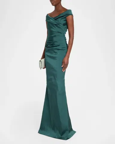 Rickie Freeman for Teri Jon Pleated Off-Shoulder Satin Column Gown | Thumbnail 4 Rickie Freeman for Teri Jon Pleated Off-Shoulder Satin Column Gown | Thumbnail 4