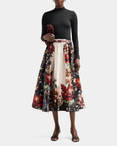 Alice + Olivia Chara Turtleneck Floral Flare Skirt Midi Dress | Thumbnail 2 Alice + Olivia Chara Turtleneck Floral Flare Skirt Midi Dress | Thumbnail 2