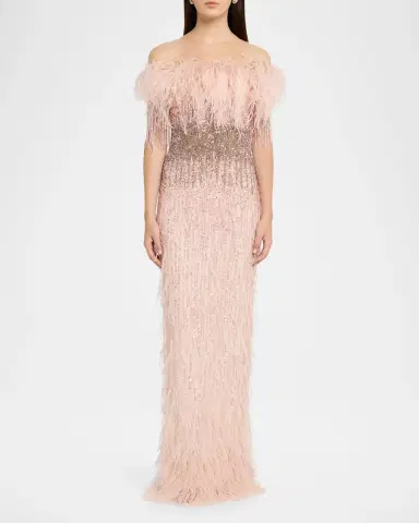 PAMELLA ROLAND Feather Beaded Off-The-Shoulder Illusion Column Gown | Thumbnail 2 PAMELLA ROLAND Feather Beaded Off-The-Shoulder Illusion Column Gown | Thumbnail 2