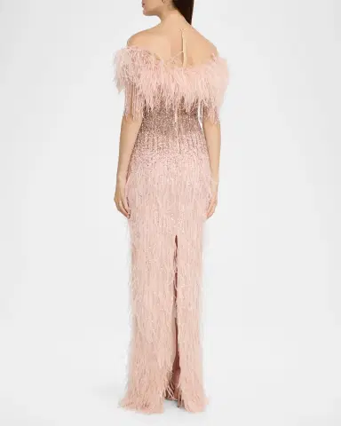 PAMELLA ROLAND Feather Beaded Off-The-Shoulder Illusion Column Gown | Thumbnail 3 PAMELLA ROLAND Feather Beaded Off-The-Shoulder Illusion Column Gown | Thumbnail 3