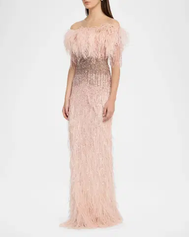 PAMELLA ROLAND Feather Beaded Off-The-Shoulder Illusion Column Gown | Thumbnail 4 PAMELLA ROLAND Feather Beaded Off-The-Shoulder Illusion Column Gown | Thumbnail 4