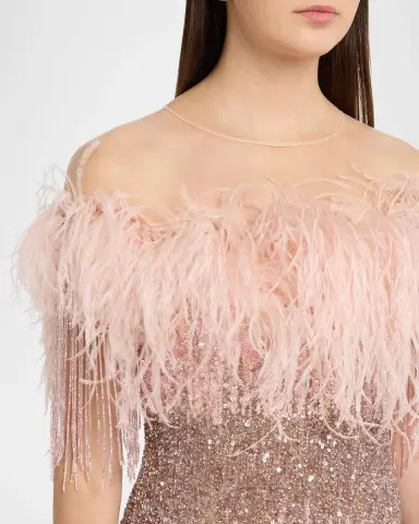 PAMELLA ROLAND Feather Beaded Off-The-Shoulder Illusion Column Gown | Thumbnail 5 PAMELLA ROLAND Feather Beaded Off-The-Shoulder Illusion Column Gown | Thumbnail 5