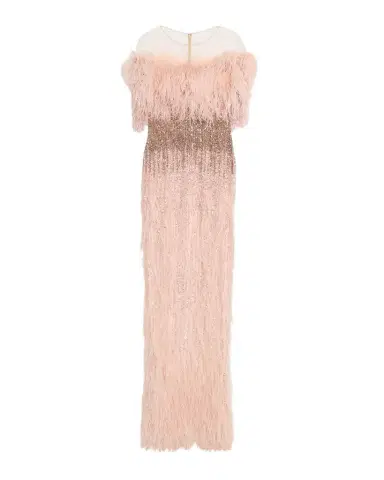 PAMELLA ROLAND Feather Beaded Off-The-Shoulder Illusion Column Gown | Thumbnail 1 PAMELLA ROLAND Feather Beaded Off-The-Shoulder Illusion Column Gown | Thumbnail 1