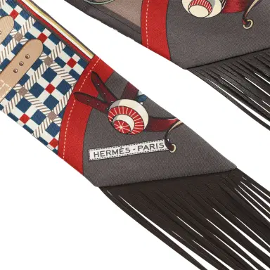 HERMÈS Hermes "Les Voitures Nouvelles" Bleu, Rouge H, Marron Glacé Fringe Silk | Thumbnail 3 HERMÈS Hermes "Les Voitures Nouvelles" Bleu, Rouge H, Marron Glacé Fringe Silk | Thumbnail 3