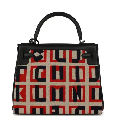 HERMÈS Hermes "Lettres Au Carre" Kelly Retourne 28 Black Swift and Ecru, Capucine, Bleu Indigo Toile De Camp Palladium Hardware | Thumbnail 4 HERMÈS Hermes "Lettres Au Carre" Kelly Retourne 28 Black Swift and Ecru, Capucine, Bleu Indigo Toile De Camp Palladium Hardware | Thumbnail 4