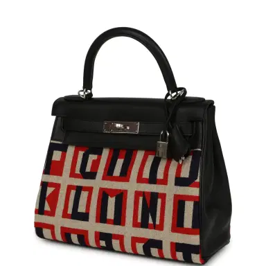 HERMÈS Hermes "Lettres Au Carre" Kelly Retourne 28 Black Swift and Ecru, Capucine, Bleu Indigo Toile De Camp Palladium Hardware | Thumbnail 5 HERMÈS Hermes "Lettres Au Carre" Kelly Retourne 28 Black Swift and Ecru, Capucine, Bleu Indigo Toile De Camp Palladium Hardware | Thumbnail 5