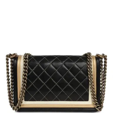 Chanel Pre-owned Chanel Medium "Paris-Versailles" Boy Bag Black, Gold, White Lambskin Antique Gold Hardware | Thumbnail 4 Chanel Pre-owned Chanel Medium "Paris-Versailles" Boy Bag Black, Gold, White Lambskin Antique Gold Hardware | Thumbnail 4