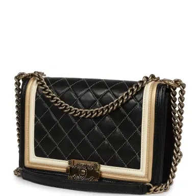 Chanel Pre-owned Chanel Medium "Paris-Versailles" Boy Bag Black, Gold, White Lambskin Antique Gold Hardware | Thumbnail 5 Chanel Pre-owned Chanel Medium "Paris-Versailles" Boy Bag Black, Gold, White Lambskin Antique Gold Hardware | Thumbnail 5