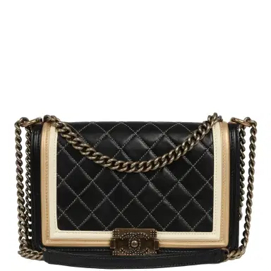 Chanel Pre-owned Chanel Medium "Paris-Versailles" Boy Bag Black, Gold, White Lambskin Antique Gold Hardware | Thumbnail 1 Chanel Pre-owned Chanel Medium "Paris-Versailles" Boy Bag Black, Gold, White Lambskin Antique Gold Hardware | Thumbnail 1