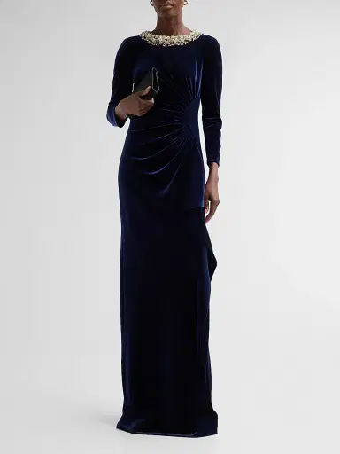 Teri Jon by Rickie Freeman Women's Velvet Jewel Collar Drape Gown | Thumbnail 2 Teri Jon by Rickie Freeman Women's Velvet Jewel Collar Drape Gown | Thumbnail 2