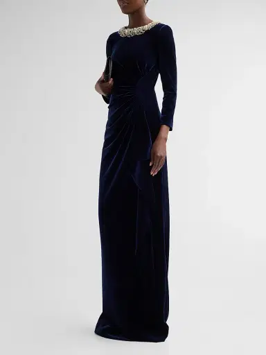 Teri Jon by Rickie Freeman Women's Velvet Jewel Collar Drape Gown | Thumbnail 4 Teri Jon by Rickie Freeman Women's Velvet Jewel Collar Drape Gown | Thumbnail 4