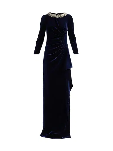 Teri Jon by Rickie Freeman Women's Velvet Jewel Collar Drape Gown | Thumbnail 1 Teri Jon by Rickie Freeman Women's Velvet Jewel Collar Drape Gown | Thumbnail 1