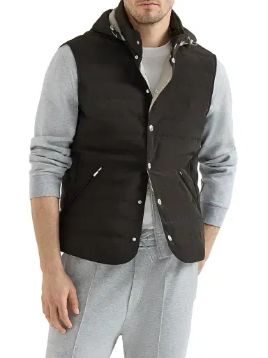 Brunello Cucinelli Men's Bonded Nylon Down Vest with Detachable Hood | Thumbnail 2 Brunello Cucinelli Men's Bonded Nylon Down Vest with Detachable Hood | Thumbnail 2