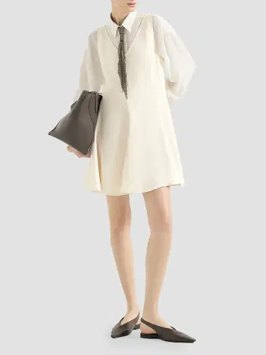Brunello Cucinelli Women's Viscose and Linen Fluid Twill Mini Dress | Thumbnail 2 Brunello Cucinelli Women's Viscose and Linen Fluid Twill Mini Dress | Thumbnail 2