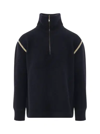 Maison Margiela Knit Pullover with Stripe Detail in Navy | Thumbnail 1 Maison Margiela Knit Pullover with Stripe Detail in Navy | Thumbnail 1