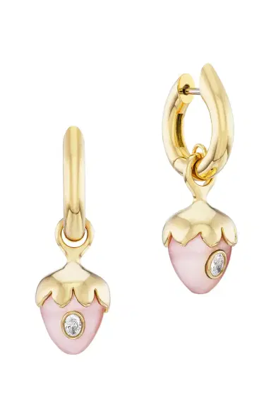 Uniform Object Pink Opal Diamond Strawberry Carriage Huggie Earrings | Thumbnail 4 Uniform Object Pink Opal Diamond Strawberry Carriage Huggie Earrings | Thumbnail 4