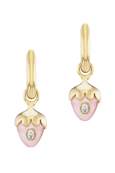 Uniform Object Pink Opal Diamond Strawberry Carriage Huggie Earrings | Thumbnail 1 Uniform Object Pink Opal Diamond Strawberry Carriage Huggie Earrings | Thumbnail 1