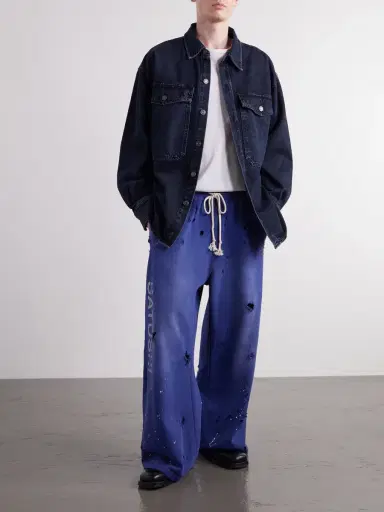Satoshi Nakamoto Luke Logo-Printed Paint-Splattered Distressed Cotton-Jersey Drawstring Sweatpants - Men | Thumbnail 2 Satoshi Nakamoto Luke Logo-Printed Paint-Splattered Distressed Cotton-Jersey Drawstring Sweatpants - Men | Thumbnail 2