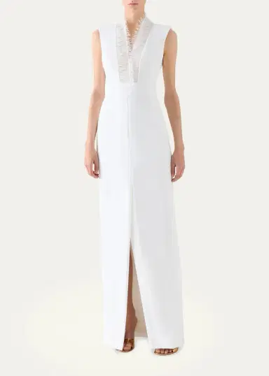 Akris Sleeveless Fringed Organza V-Neck Silk Crêpe Column Gown | Thumbnail 2 Akris Sleeveless Fringed Organza V-Neck Silk Crêpe Column Gown | Thumbnail 2