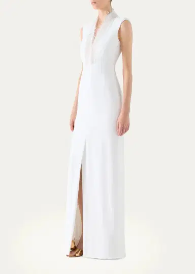 Akris Sleeveless Fringed Organza V-Neck Silk Crêpe Column Gown | Thumbnail 4 Akris Sleeveless Fringed Organza V-Neck Silk Crêpe Column Gown | Thumbnail 4