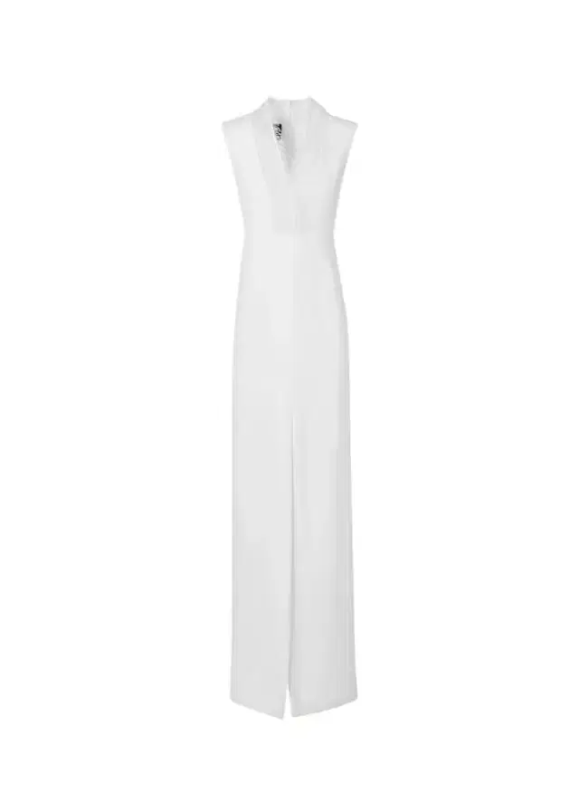 Sleeveless Fringed Organza V-Neck Silk Crêpe Column Gown Sleeveless Fringed Organza V-Neck Silk Crêpe Column Gown